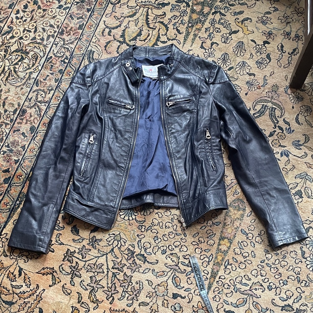 Vera Pelle Women’s Navy blue Leather Moto Jacket with Zip Pockets, size 36/38/42